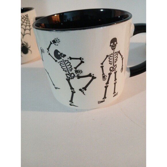3 Halloween Skelton Mug/ Dancing Skeltons, Spiders,& Bats, Black White 16 Oz New - Picture 6 of 16